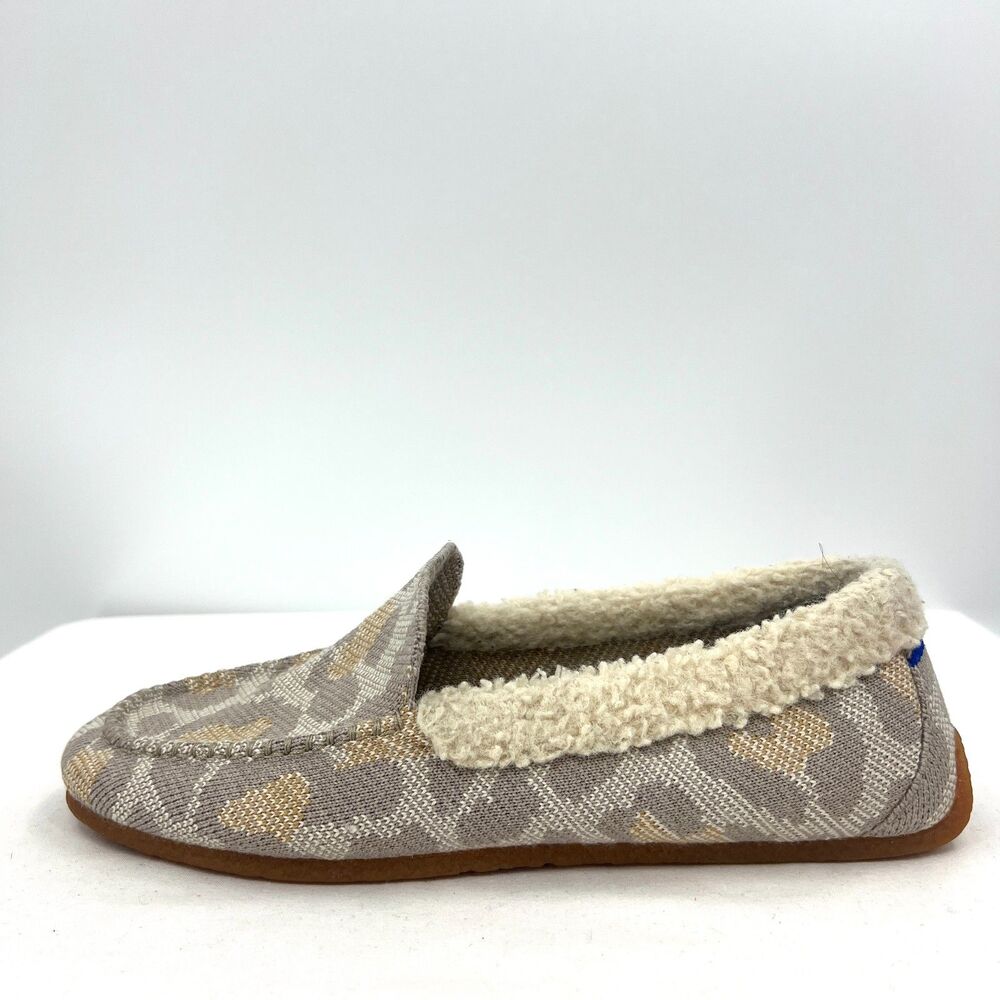 Rothy's Driving Moc Sherpa Leopard Knit Slip On Loafer Women's W8 Gray Tan Sz 8